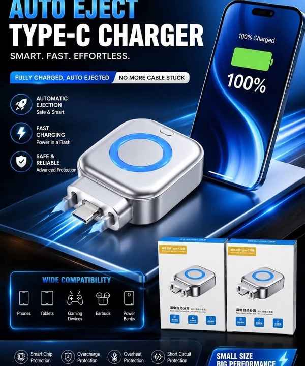 Auto Eject Type-C Charger with automatic ejection and overcharge protection